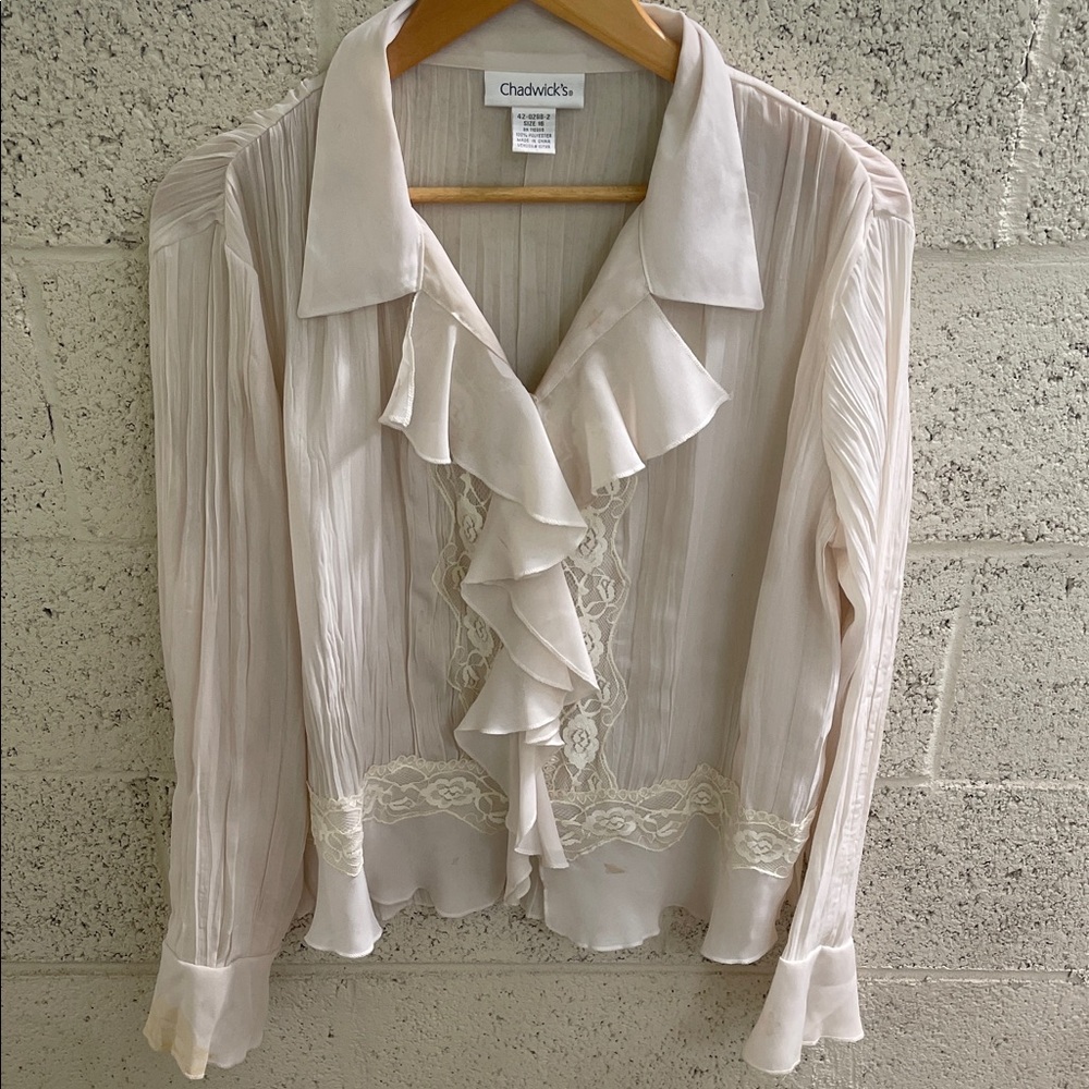 Chadwicks Light Cream Ruffle Lace Front Blouse